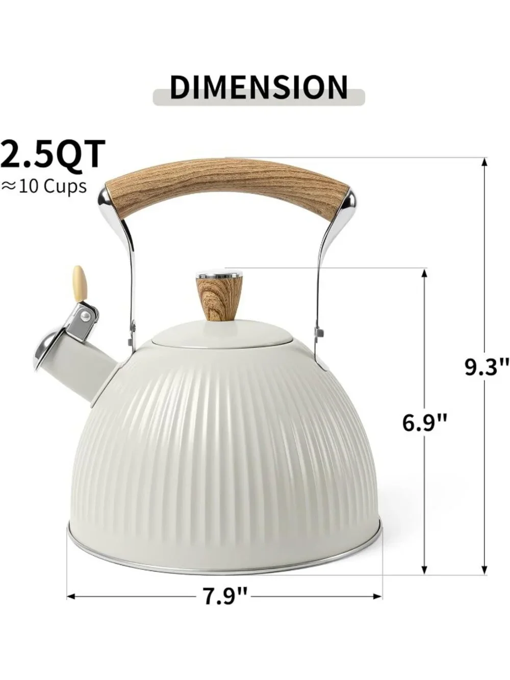 Creamy White Stainless Steel Kitchen Whistling Tea Kettles  2.5 Quart Wood
